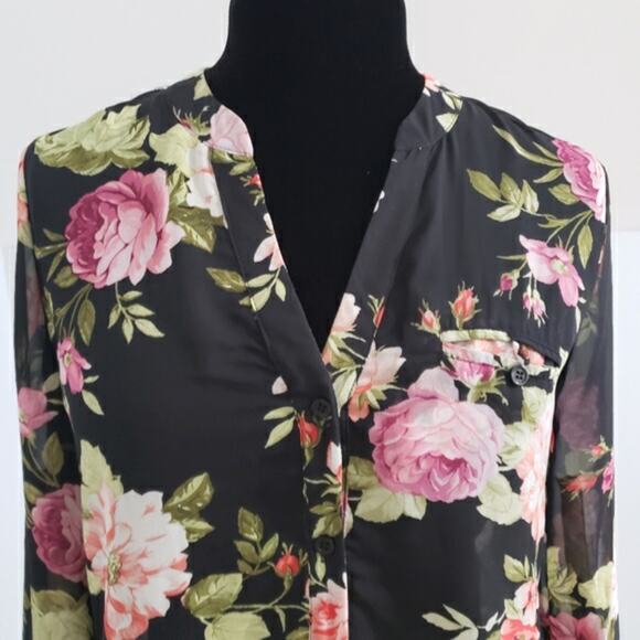 Kut From The Kloth Black and Floral High Low Button Front Tunic Top Medium - Picture 5 of 12